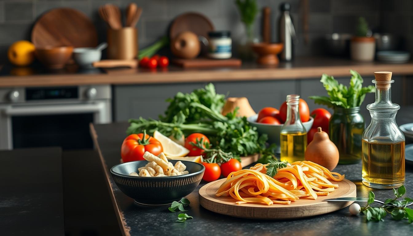 Balanced healthy meal prepared in a home kitchen
